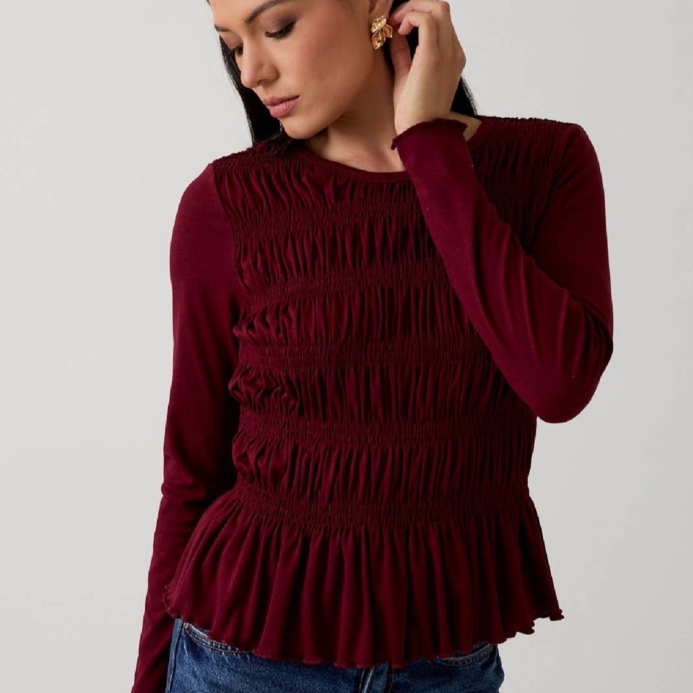 Brigands Round Neck Long Sleeve Smocked Top